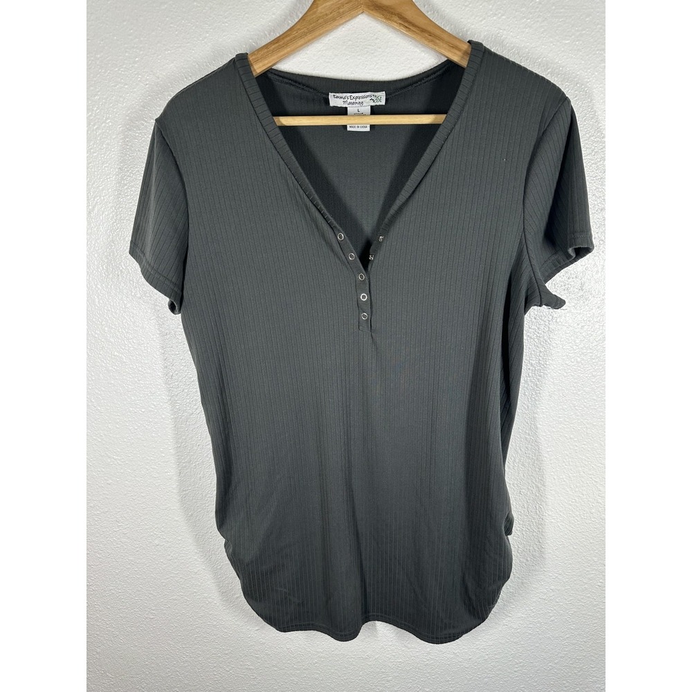 Emma's Expressions Maternity Shirt Womens‎ Large Gray Henley Ribbed Tee Top